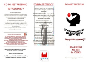 Pierwsza strona ulotki wydanej przez PCPR Nidzica, w której zawarte są dane teleadresowe instytucji w powiecie nidzickim świadczące pomoc osobom dotkniętym przemocą domową.