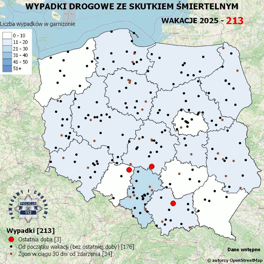 Mapa prezentująca liczbę wypadków poprzedniej doby w Polsce. Prezentowane dane są dostępne w tekście poniżej.