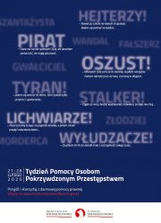 Plakat Tydzień Pomocy Osobom Pokrzywdzonym Przestępstwem, napisy na niebieskim tle - pirat, oszust, wyłudzacze itp.