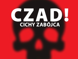 Czerwone tło, na nim czarna czaszka. Na pierwszym planie napis koloru białego; CZAD! CICHY ZABÓJCA.