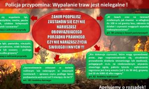 Plakat na temat wypalania traw - apel policji, że jest to nielegalne i niebezpieczne. Czerwona elipsa i wokół niej zielone z informacjami w przedmiotowym temacie.