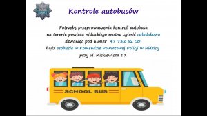 W górnej części tekst prezentacji, w dolnej rysunek żółtego autobusu z dziećmi.