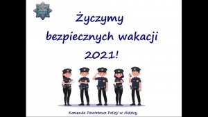 slajd kończący prezentację. Rysunki policjantów, logo KPP w Nidzicy.