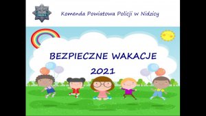 Slajd rozpoczynający prezentację na temat bezpiecznych wakacji. Rysunki dzieci, tęcz, słońce, gwiazda policyjna.