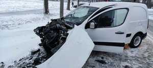 Pora dzienna. Zima. Pojazd osobowy marki Peugeot koloru białego w rowie. Pojazd ma rozbity przód.