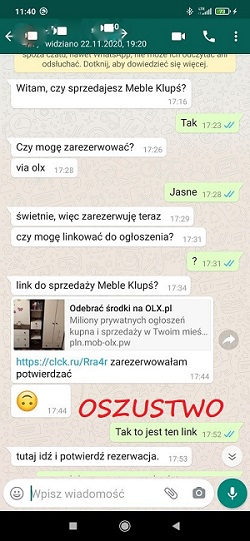 Zrzut ekranu smartfona z wyświetloną rozmową na komunikatorze społecznościowym.