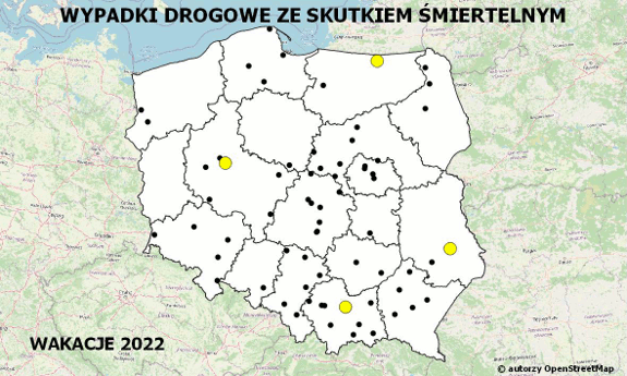 mapa Polski z zaznaczonymi punktami miejsc wypadków drogowych