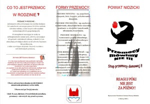 Ulotka. Dane teleadresowe instytucji w powiecie nidzickim świadczących pomoc w przypadku przemocy w rodzinie.