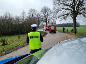 Pora dzienna. Droga. Na pierwszym planie policjant ruchu drogowego, patrzący na miejsce zdarzenia drogowego. W tle pojazdy służb ratowniczych.