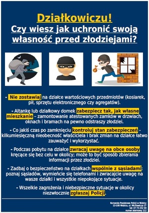 Plakat dla działkowiczów: ostrzeżenie przed włamaniami.
Niebieskie tło, żółte napisy, 3 grafiki złodzieja, poniżej informacje dla działkowców dot. włamań i kradzieży.