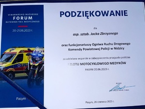 Podziękowanie dla nidzickich policjantów za wsparcie w zabezpieczeniu I Zlotu Motocyklowego Medyków dla policjantów KPP w Nidzicy, który odbył się w Pasymiu 20 czerwca 2023 r.