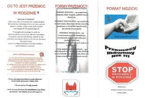 Ulotka z danymi teleadresowymi instytucji z terenu powiatu nidzickiego, które świadczą pomoc osobom dotkniętym przemocą.