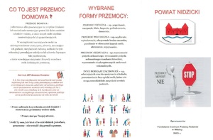 Ulotka z informacją czym jest przemoc i rodzaje przemocy. Na ulotce logo powiatu nidzickiego.