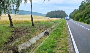 Po prawej stronie jezdnia, po lewej stronie pobocze i pole. W tle samochód dostawczy wywrócony na dach. Pojazd jest rozbity i leży na polu. W oddali na drodze stoi radiowóz policyjny i wóz strażacki.