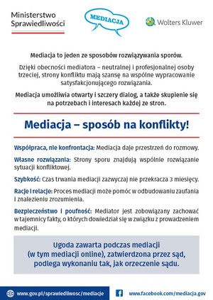 Informacje co to jest mediacja . Duży niebieski napis na środku MEDIACJA - SPOSÓB NA KONFLIKTY! Niżej wymienione zalety mediacji.Niżej wyjaśnienie czym jest ugoda, pod nią linki na profile internetowe.