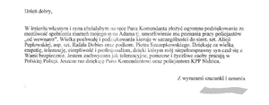 Zdjęcie nadesłanej wiadomości e-mail. Podziękowania dla nidzickich policjantów