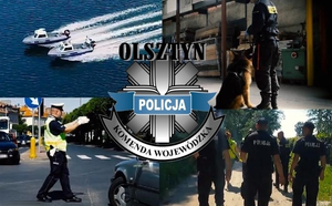 Kolaż z 4 zdjęć przedstawiający różne aspekty służby w Policji. Na środku logo KWP w Olsztynie.