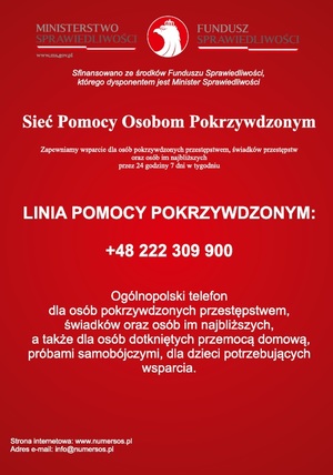 Czerwony plakat z informacją o pomocy dla osób pokrzywdzonych przestępstwem.