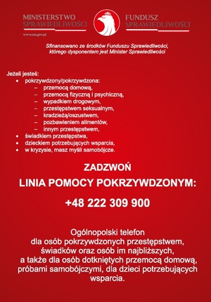 Czerwony plakat z informacją o pomocy dla osób pokrzywdzonych przestępstwem.