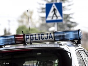Znak przejście dla pieszych i radiowóz policji.