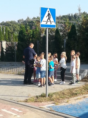 Policjant i grupa dzieci na przejściu dla pieszych.