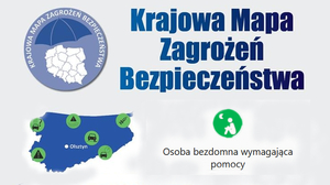 Niebieski napis KRAJOWA MAPA ZAGROŻEŃ BEZPIECZEŃSTWA. Obok logo KMZB a poniżej mapa województwa warmińsko- mazurskiego i zielony okrągły punkt.
