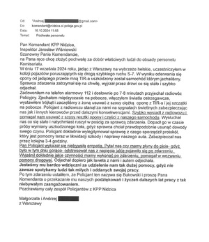 Treść wiadomości e-mail dot. podziękowania dla policjanta