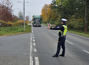 Policjant podczas kontroli drogowej ciężarówki.