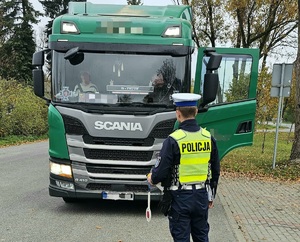 Policjant podczas kontroli drogowej ciężarówki.