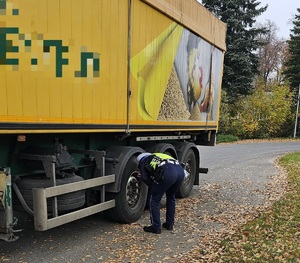 Policjant podczas kontroli drogowej ciężarówki.