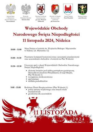 Harmonogram obchodów Święta Niepodległości
Czerwony orzeł w koronie a na nim biały napis 11 listopada 2024