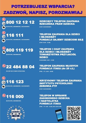 Ulotka z telefonami zaufania.
