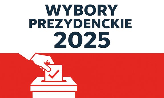Biało -czerwone tło a na nim napis wybory prezydenckie i ręka wrzucająca głos do urny