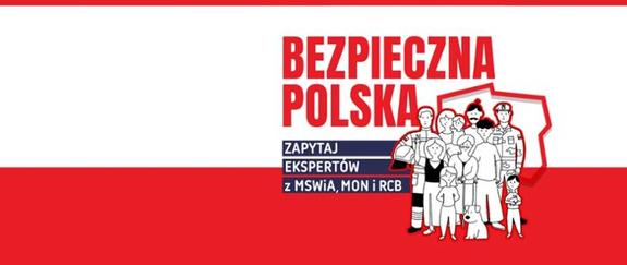 Napis bezpieczna polska i ludzie na tle flagi Polski.