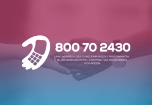 niebiesko-różowe tło a na nim biały napis numer telefonu wsparcia.