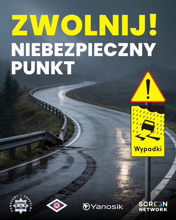Znak ostrzegawczy i droga a na górze napis: Zwolnij - niebezpieczny punkt!