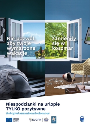 plakat kampanii stop włamaniom do domów, otwarte okno ogólny bałagan