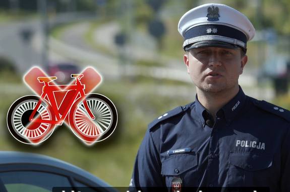 policjant i po lewej stronie ikona roweru przekreślonego czerwownym krzyżykiem
