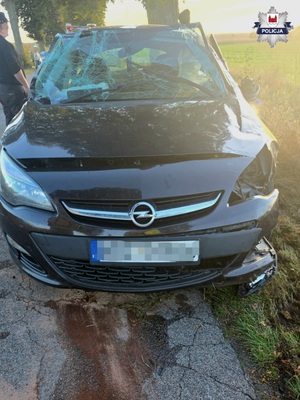 Zdarzenie drogowe w pobliżu Gołębiewa. Rozbite auto na drodze.